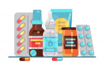 Medical pills and bottles. Healthcare, medication, pharmacy or drugstore vector concept. Illustration of medicament drug, healthcare bottle