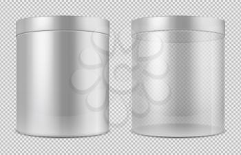 Cylinder empty transparent glass and white cans. Package for food, cookies and gifts vector template isolated. Illustration of cylinder empty and clean