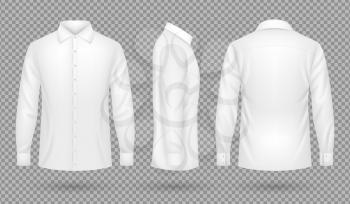 White blank male shirt with long sleeves in front, side, back views. Realistic vector template isolated. Shirt blank man, cotton clothing view. Vector illustration