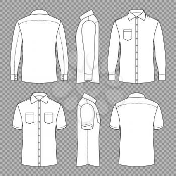 Casual mans blank outline shirts with short and long sleeves in front back and side views. Vector template isolated. Illustration of shirt clothes, clothing wear blank outline illustration