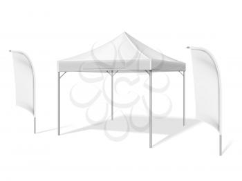 Empty white outdoor event tent with flying beach material flags vector illustration isolated on white background. Tent folding, marquee shelter mockup