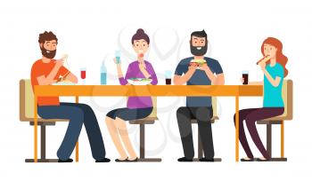 Friends eating snacks. Friendly people group have dinner at desk in restaurant. Cartoon vector characters isolated on white background. Illustration restaurant lunch friendship, young and happy people