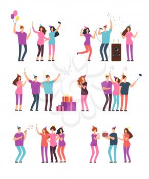 Friendly people men, women dancing, singing and having fun at party. Friends celebrating birthday. Vector cartoon characters isolated. Illustration of happiness celebration, celebrating disco party