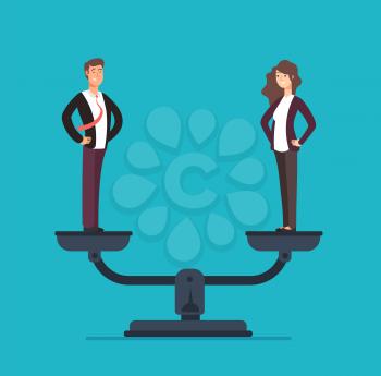 Gender equality with businessman and businesswoman on scales. Equal pay and opportunity business vector concept. Illustration of male and female equal rights