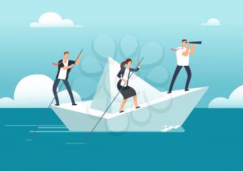 Business team with leader sailing on paper boat in ocean of opportunities to goal. Successful teamwork and leadership vector concept. Success people with main manager illustration