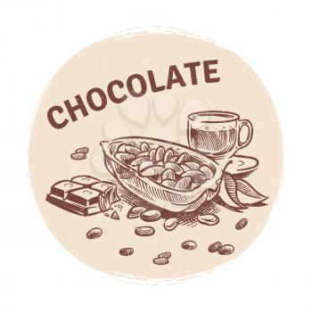 Hand drawing vector chocolate emblem with chocolate bar, cocoa beans and cup illustration