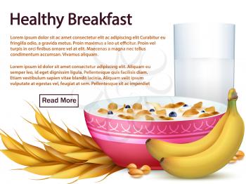 Breakfast banner template with cereals, realistic fruits, milk and cornflakes milk. Vector illustration