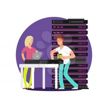 Flat cartoon characters server administrators. Man and woman work with data base and computer servers, IT vector illustration