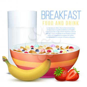 Healthy breakfast with realistic fruits, bowl of flakes and glass of milk vector illustration