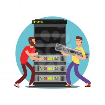 Two male server administrators working with data base. IT flat vector illustration