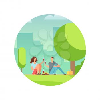 Resting people on picnic. Cartoon vector characters isolated. Couple in love on date in park illustration