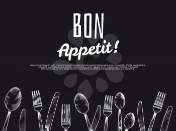 Vintage hand drawn cutlery background. Black bon appetit banner and poster design. Vector illustration