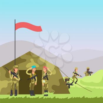 Military soldiers training vector illustration. Cartoon soldiers, tent on landscape