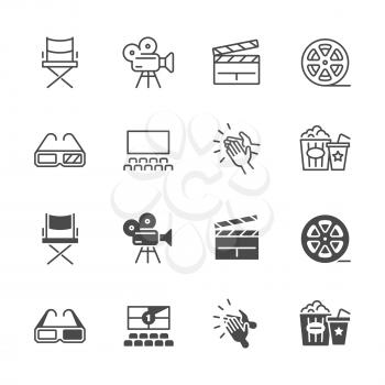 Line and silhouette cinema, movie icons set linear art style. Vector illustration