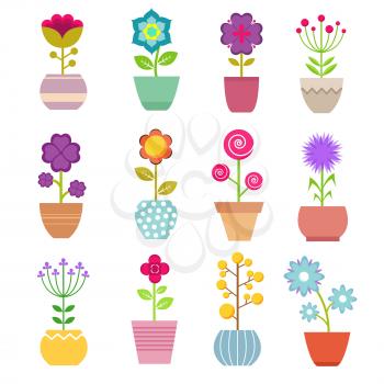 Summer garden flowers in pot. Beautiful yellow and red tulips, roses and green plants with branches in vase. Floral vector set. Flower in pot, plant floral blossom illustration