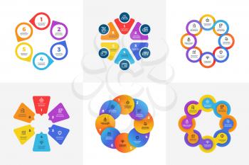 Circular technology infographics with arrow options. Information charts with color sections. Business vector processes with steps. Pie chart circle, circular round diagram color illustration