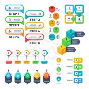 Infographic charts. Bar graphs, steps and options elements, flowchart diagrams and timeline. Useful vector set. Illustration of process step numbered, visualization option workflow