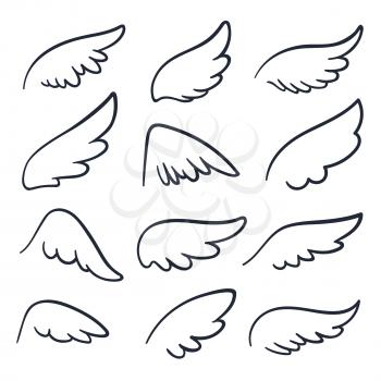 Cartoon angel wings. Winged doodle sketch icons. Angels and bird vector symbols isolated. Wing sketch tattoo, feather falcon contour illustration