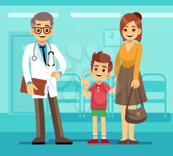 Kind smiling pediatrician doctor and mother with sick child. Pediatric care vector cartoon concept. Patient kid and pediatrician doctor illustration