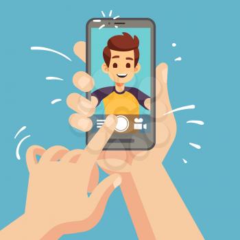 Young happy man taking selfie photo on smartphone. Male face portrait on cellphone screen. Cartoon vector illustration. Video selfie man, photographing young guy, posing selfportrait