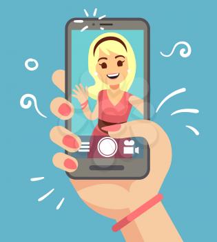 Young attractive woman taking selfie photo on smartphone outdoor. Beautiful girl portrait on phone screen. Cartoon vector illustration of woman selfie on smart phone