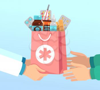 Pharmacist gives bag with antibiotic drugs according to recipe to hands of patient. Pharmacy vector concept medical treatment, pill drug and medication illustration