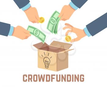 Crowdfunding. Public contribution money, donor venture and crowdsourcing vector concept. Project funding, investment and support finance illustration