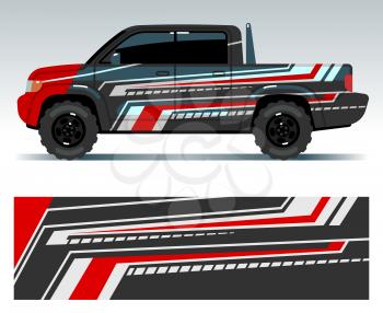 Racing car design. Vehicle wrap vinyl graphics with stripes vector illustration. Car race ready vinyl sticker stripe