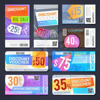Discount voucher and cutting shopping coupons. Free sale tickets vector design. Voucher price promotion, retail coupon illustration