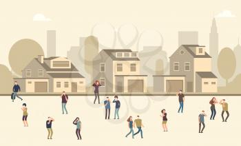 People in dust mask. Men and women suffering from dust in cityscape. Vector illustration. Pollution smog from industry, radioactive unhealthy