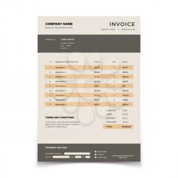 Invoice template. Bill form with data table and tax. Bookkeeping vector document design. Illustration of invoice account, finance form order