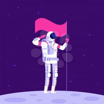 Astronaut on moon. Cosmonaut holging flag on lifeless planet in outer space. Astronautics vector background. Illustration of astronaut on new planet in galaxy