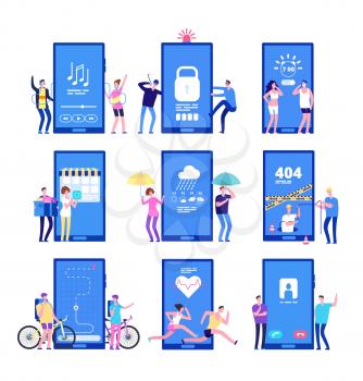 Phone app concept. Men and women standing near big cell phones with mobile apps on screen. Vector concept mobile app location and music, tracker run and weather illustration
