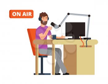 Broadcast in radio studio. Broadcasting person with microphone and headphones. Cartoon vector illustration. Broadcasting studio and radio dj with mic