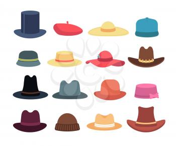 Man and woman hats. Cartoon hat and cap headdress vector isolated collection. Cap and hat, fashion headwear for gentleman or woman illustration