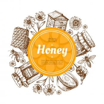 Honey label. Natural farm honey badge with bee and honeycomb. Vintage hand drawn vector illustration. Honey dessert badge, nutrition fresh and tasty
