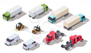 Isometric truck. Transportation trucks with container and van, lorry and loader. Vector 3d vehicles collection. Illustration transport van, isometric cargo forklift
