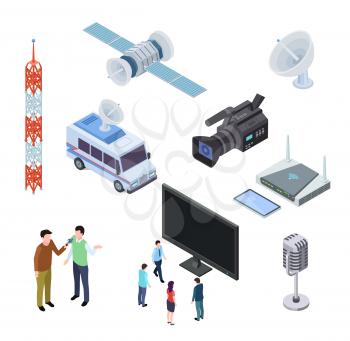Broadcasting equipment. Television stream electronics. Tv antenna, satellite and camcorder. Telecommunications 3d isometric icons. Vector connection and broadcast television