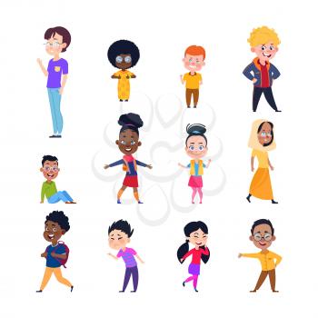 Happy kids. Cartoon european, asian and african children. Boys and girls in casual wear. Isolated vector characters. Illustration of asian and african boy girl