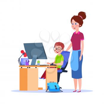 Mother and child at computer. Mom helping boy with homework. Cartoon school education vector concept. Illustration of mother and child, education and studying homework