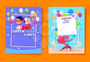 Superhero kids party. Preschool children in superheroes costumes. Birthday invitation vector background. Birthday party invitation card, costume superhero child illustration