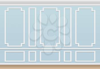 Classic blue wall with moulding panel. House luxury interior with molding frames. Vector background wall interior molding, architecture frame panel illustration