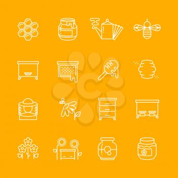 Honey apiary vector thin line icons set. Honeycomb and bee, beehive illustration