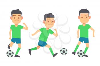 Soccer players with balls vector set isolated white. Team running with ball illustration