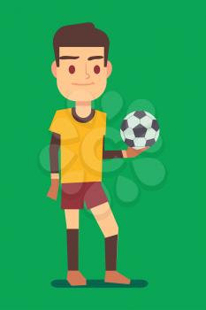 Soccer player holding a ball green field vector illustration. Sport football player with ball