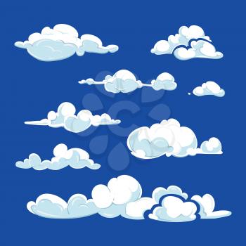 Cartoon vector clouds against blue sky. Nature clouds icon illustration