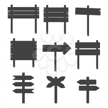 Wooden blank sign boards silhouettes isolated on white vector. Vintage grunge signpost illustration