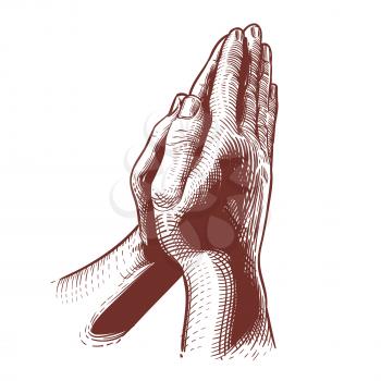 Praying hands, prayer on bible, blessing hands religious hand drawn vector illustration. Symbolic hands united for pray to god