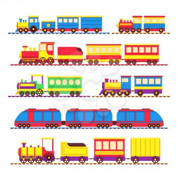 Cartoon kids toy trains, locomotive and wagons vector set. Kids travel color locomotive, toys for transportation illustration