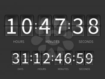 Flip countdown timer, hourly schedule. Vector time panel for airport, illustration of flip timer with days and hours